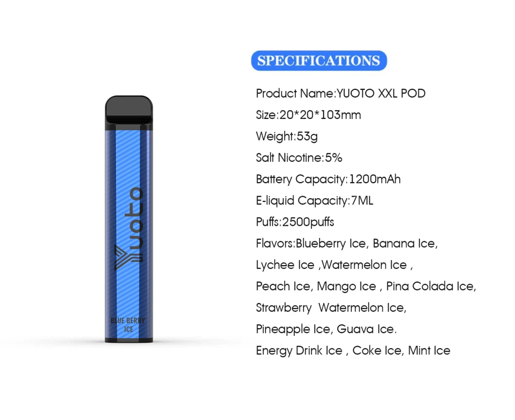 100% Yuoto original XXL Vape Pen Pod Device Kit Disposable colam-no a 2500 sopros com 1200mAh
